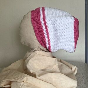 Pink and White Crochet Beanie Tam